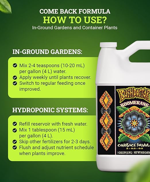 Fox Farm Bushdoctor Boomerang Fertilizer - for Fast Recovery of Stressed Plants, Root Health, Solubilized Nutrition - Perfect for Hydroponic & Soil Application- NPK 2-0.2-0.3, (Gallon)