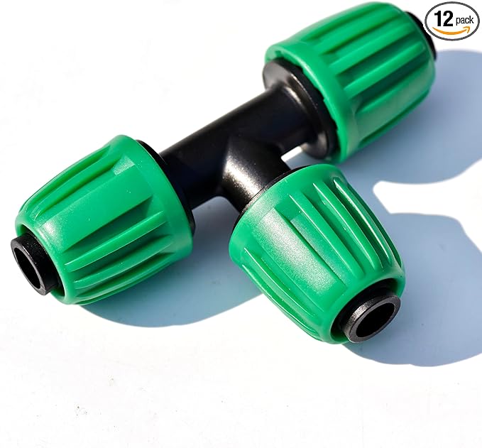 Drip Irrigation Tee Fittings Connectors For 1/2 inch Drip Tubing, Locking Caps Barbed Drip Fittings, Fit OD 0.60"- OD 0.65" Drip Line Tee For Garden Irrigation System-12 Pcs/pack