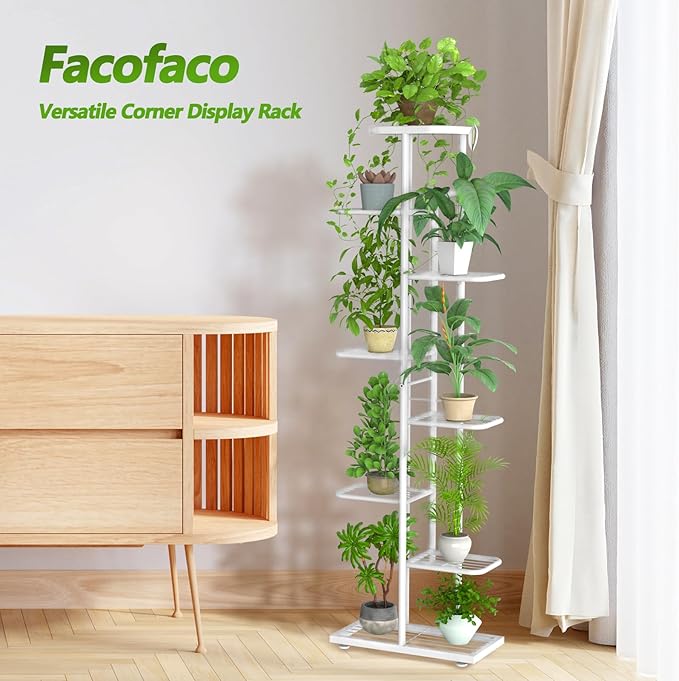 Corner Plant Stand Indoor 8 Tier 9 Potted with Gardening Tools and Gloves, Upgraded Tall Metal Plant Shelf Organizer Outdoor, Multiple Flower Pot Holder Display Rack for Patio, (8 Tier-White)