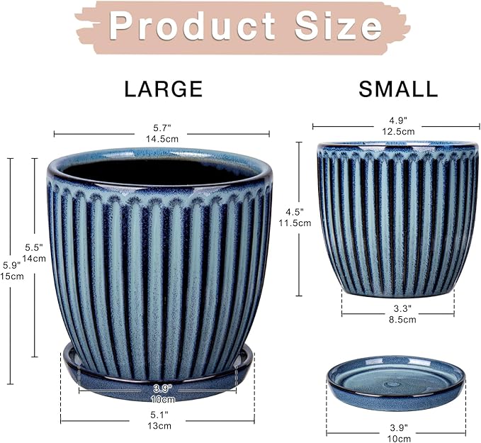 Oairse Ceramic Pots for Indoor Plants, 4.9 +5.7 inch Pots for Plants Set of 2 Blue Plant Pots with Drainage Holes and Saucers Texture Ceramic Planters Indoor Outdoor Flower Pots for Succulent
