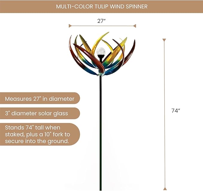 Bits and Pieces - 74" Multi-Color Tulip Wind Spinner - Yard Decorations - Solar Powered Glass Ball - Garden Decoration - Tulip Yard Art