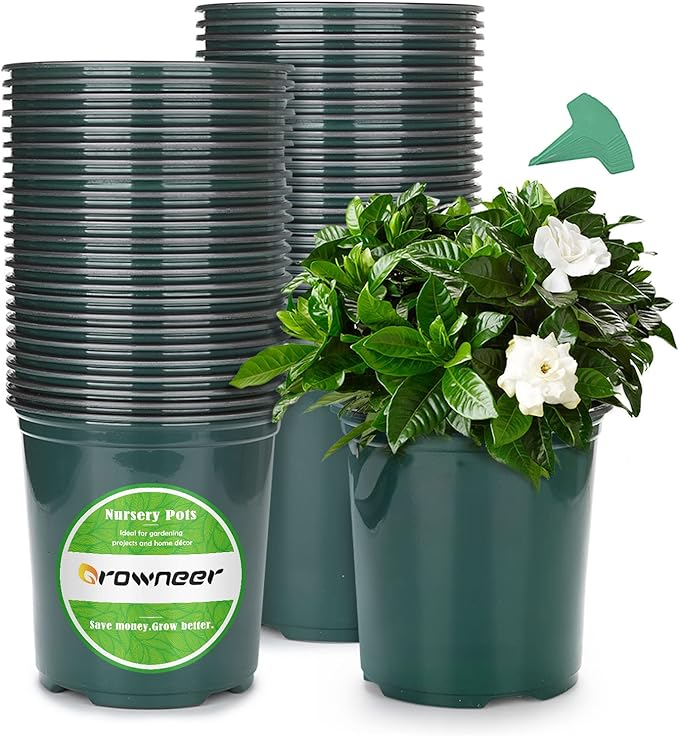 GROWNEER 48 Set 6" 1 Gallon for Plants Flexible Nursery Pot with Drainage Hole and 15 Pcs Plant Labels, Flower Plant Container for Indoor Outdoor, Seedlings, Vegetables, Succulents, Green