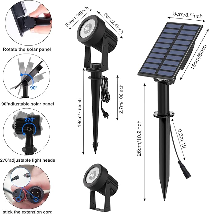 T-SUNUS Solar Landscape Spotlights 2 Pack Warm White, IP65 Waterproof Sopt Lights 9.8ft Cable, Outdoor LED Wall Light 3000K Separated Panel for Tree Flag Yard Garden Driveway Porch Walkway Pool Patio