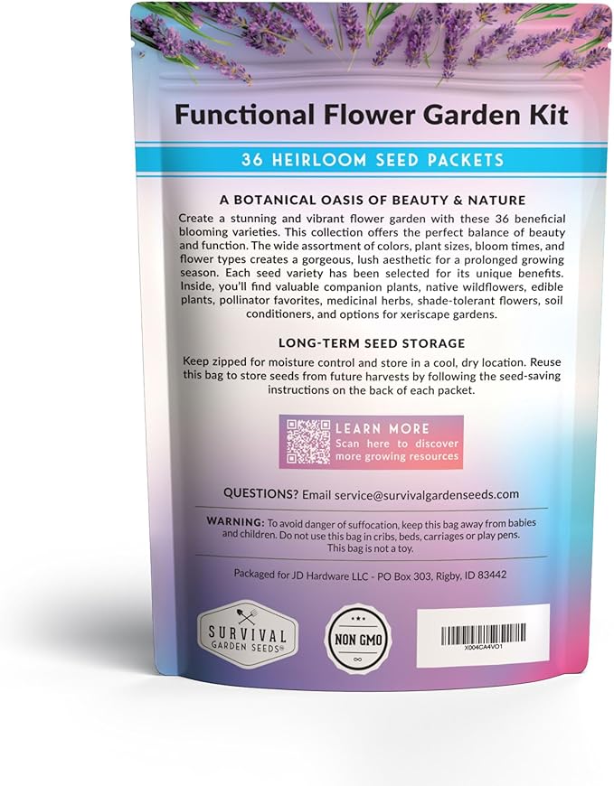 Survival Garden Seeds Functional Flowers Garden Kit - 36 Pack Starter Collection - Bee, Butterfly, Hummingbird, Pollinator Friendly Annual & Perennial Open-Pollinated Heirloom Flower Seed Varieties