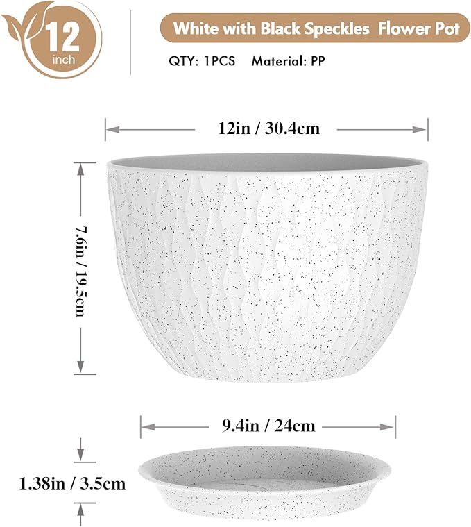 12 Inch Wide Water Ripples Flower Pots for Indoor or Outdoor Plants, Large Plant Pots with Drainage Holes & Saucer, Plastic Planters Set for Garden & Home Decor (White with Black Speckles)
