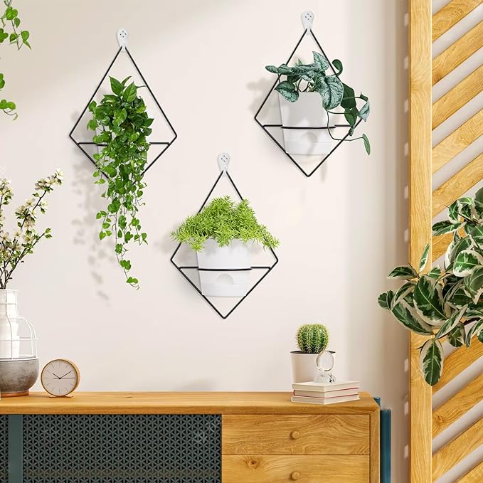 3 Sets of Wall Planters for Indoor Plants, Hanging Wall Planter with Black Metal Holder, Geometric Self Watering Wall Flower Pots, Wall Mounted Succulent Planter, 5" White Plant Pot