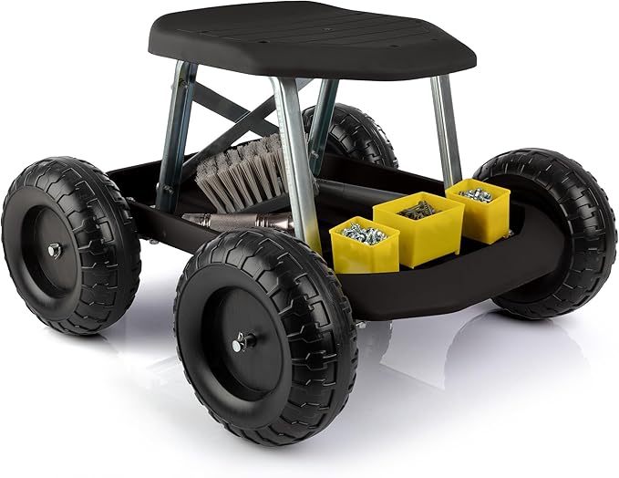 Pure Garden Gardening Stool - Rolling Garden Seat with Wheels and Storage Tool Tray - Garden Cart Scooter - Yard Tools (Black)
