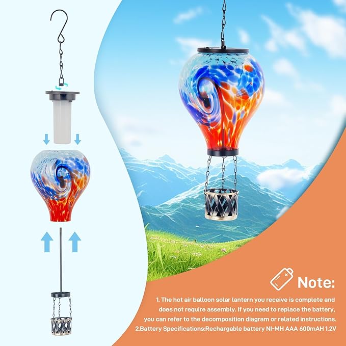 Starsoul 2 PC Hot Air Balloon Solar Lantern with Flame Glass Outdoor Hanging Hot Air Balloon Solar Light Waterproof Garden Patio Yard Party Decorations
