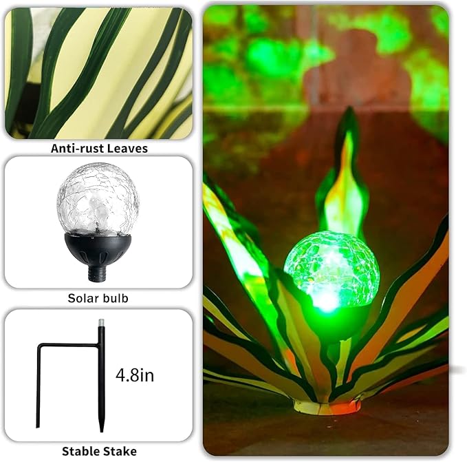 Metal Agave Plant Garden Art, 2 Pack Tequila Rustic Sculpture, Rustic Metal Agave Plants Garden Lawn Home Ornaments, for Yard Stakes, Garden Figurines, Outdoor Patio (2 PCS Green with Light)