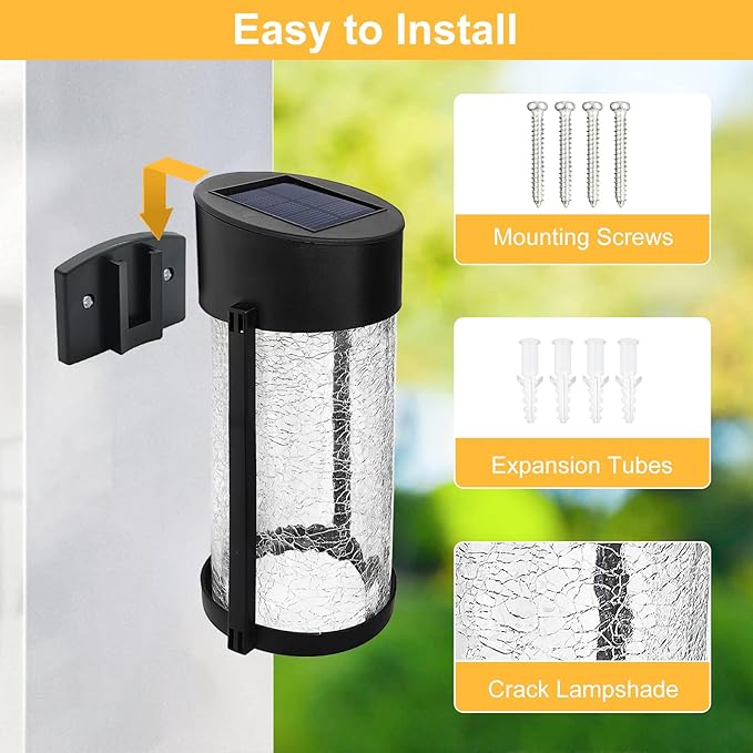 Solar Outdoor Wall Lights Fixture Set of 2 Porch Lights Crackled Glass Diffuser with Warm White LED
