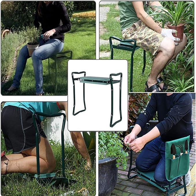 WFLNHB Garden Kneeler and Seat Stool Garden Bench Foldable Kneeler Stool Portable Garden Folding Stool with Tool Pouch and Soft Kneeling Pad