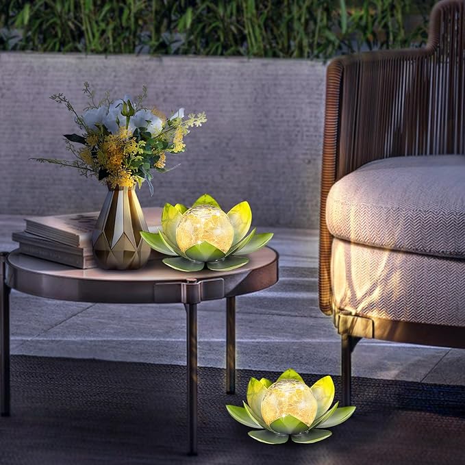 Garden Solar Light Outdoor(2Pack),Crackle Globe Glass Lotus Decoration, Waterproof Metal LED Flower Lights for Patio,Lawn,Walkway,Tabletop,Ground