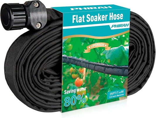 Flat Soaker Hose for Garden Bed, 25FT 1/2" Linkable Consistent Drip Irrigation Hose Save 80% Water Leakproof Heavy Duty Double Layer Sprinkler Garden Hose with Holes