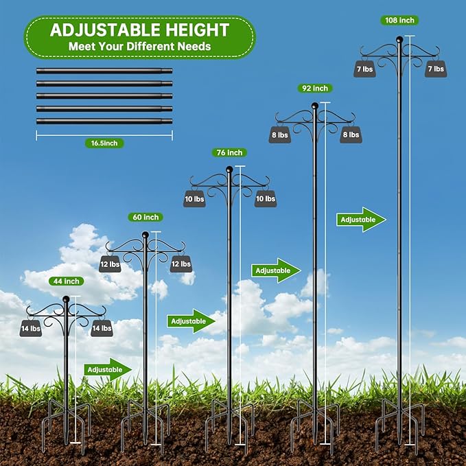 Shepherds Hooks for Outdoor, 2 Pack 108 Inch Heavy Duty Bird Feeder Pole with 5 Prongs Base, Adjustable Shepherds Hook for Hanging Birdhouses, Lanterns, Plant Baskets, Wind Chimes
