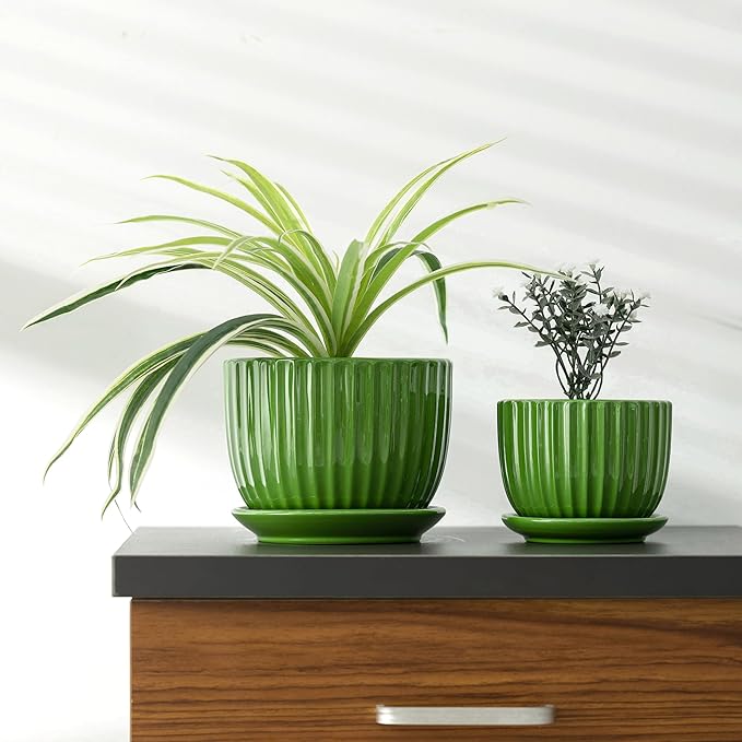 Ceramic Plant Pots,4"+5"+6" Inch,Green Flower Pots with Drainage Holes and Tray,Indoor Planters for Plants Pots,Home Office Decoration GIF for Plants,Succulent Pot Set of 3