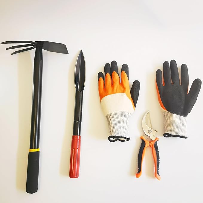 4PCS Garden Tools Set with 2-in-1 Tool Hoe/Cultivator Dual Head; Willow Leaf-Shaped Seeding Widger Gardening Trowel; Protective Gloves and Pruning Shear