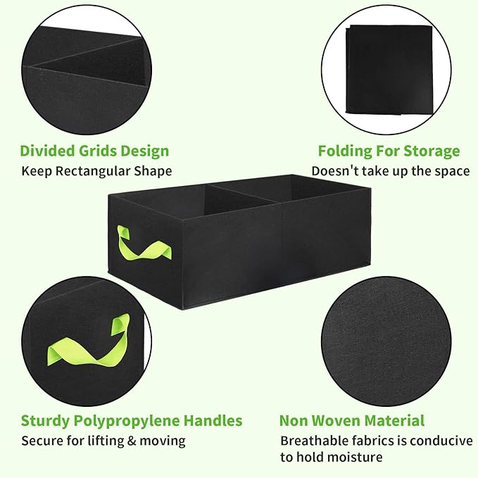 2 Pack Plant Grow Bags,ANGELIOX 2-Grids Rectangle Grow Bag,10 Gallon Heavy Duty 400G Fabric Garden Bed, Square Nonwoven Flower Planter Containers for Vegetable ,Flowers,Fruit/Growing Pots with Handles