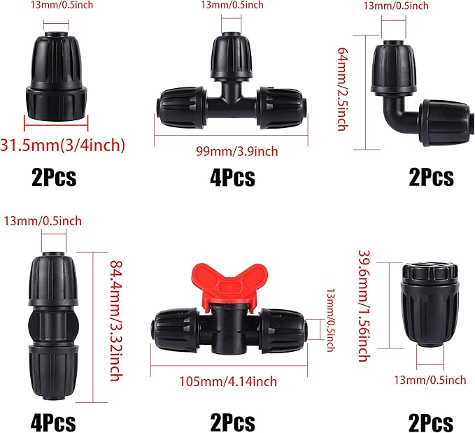 16 Pcs 1/2 inch Tubing Irrigation Fittings Kit, For (1/2" ID x0.6-0.63" OD) 16mm Drip Tubing Barbed Locked Nuts Connectors 2 Ends,2 Elbows,2 Switch Valves,2 US Standard Adapters,4 Tees 4 Couplings