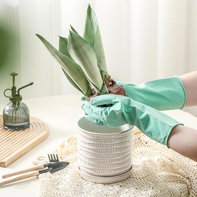 6 Inch Plant Pot: Ceramic Planter with Drainage Hole & Saucer - Cream White Flowerpot for Indoor & Outdoor Plants - with Separate Tray for Home & Office - Wave Embossed Design