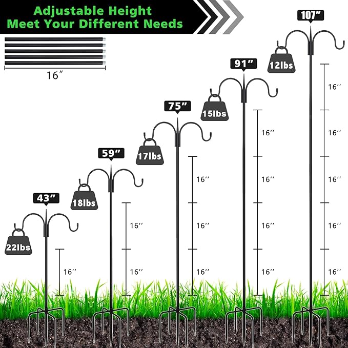 FEED GARDEN Adjustable Double Shepherds Hook for Outdoor with 5 Prong Base 108 Inch Heavy Duty Two Sided Bird Feeder Pole for Hanging Plant Baskets, Solar Light Lanterns, Wind Chimes 2 Pack