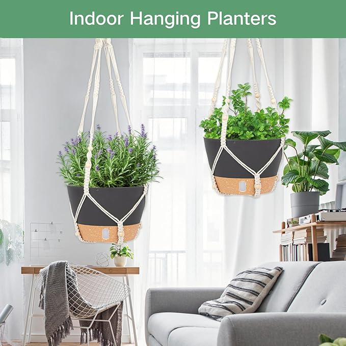 QCQHDU 2 Pack Hanging Planters for Indoor Plants, Outdoor Hanging Baskets, Self Watering Pots with Drainage Holes & Removable Tray (Dark Grey, 10 inch, Macrame Hanger)