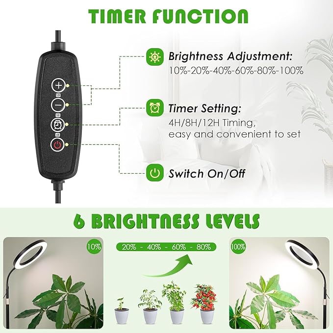 LBW Grow Lights for Indoor Plants with Stand Full Spectrum, Floor Plant Lights for Indoor Growing, 108 LEDs Standing Plant Lamp, 4/8/12H Auto Timer, 6 Brightness, Height Adjustable,7.8 Diameter