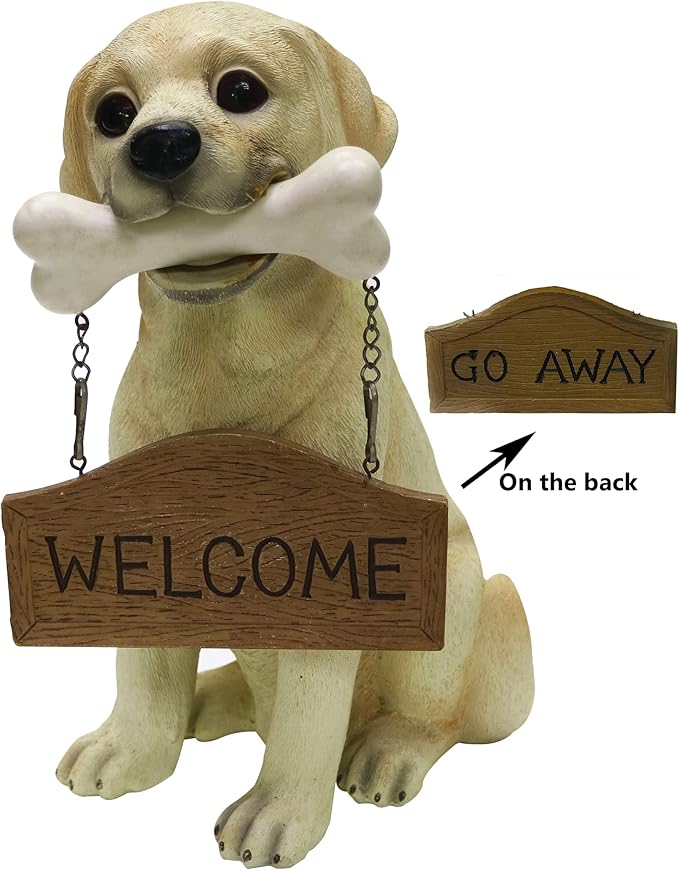 Nature's Mark Labrador Retriever Dog Puppy Statue with Reversible Welcome Sign and Go Away Sign Resin Garden Decor 12" H