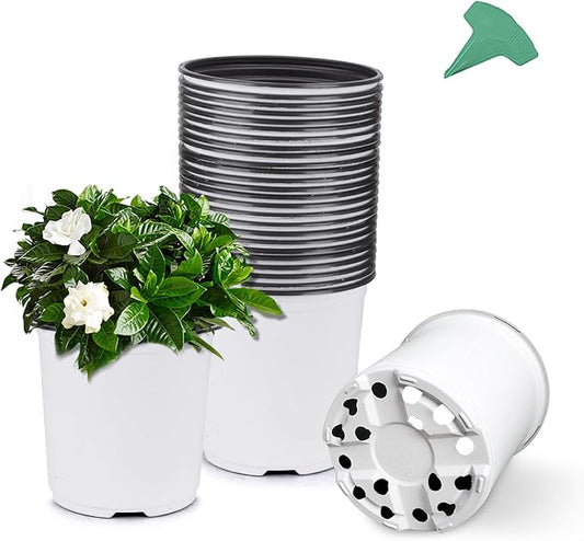GROWNEER 24 Set 6" 1 Gallon for Plants Flexible Nursery Pot with Drainage Hole and 15 Pcs Plant Labels Flower Plant Container for Indoor Outdoor Seedlings Vegetables Succulents(White)
