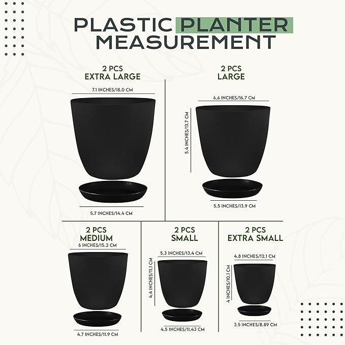 Utopia Home - Plant Pots Indoor with Drainage - 7/6.6/6/5.3/4.8 Inches Home Decor Flower Pots for Indoor Planter - Pack of 10 Plastic Planters for Indoor Plants, Cactus, Succulents Pot - Black