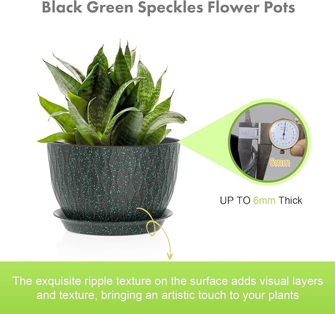 12/10/9 inch Large Plant Pots, 3 Pack Wide Flower Pots for Outdoor Indoor Plants with Ripples, Big Plastic Planters with Drainage Holes and Saucers for Garden Home, Black with Green Speckles