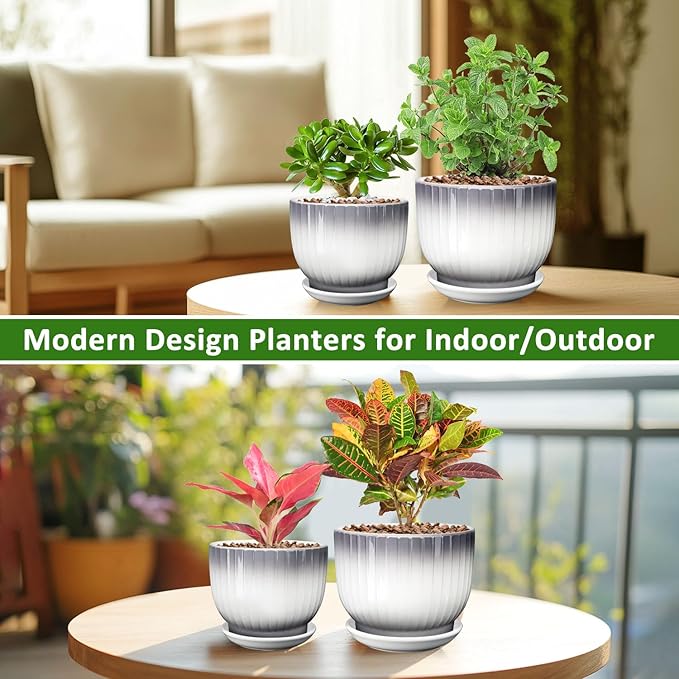 6.7 + 5.5 Inch Plant Pot, Ceramic Planter with Drainage and Saucer, Ceramic Pots for Plants, Indoor Plant pots,Ceramic Flower pots（Gray + White, Plants NOT Included）