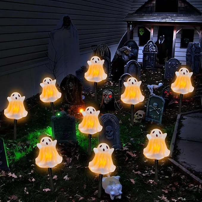 Halloween Ghosts Pathway Marker Lights, 7Ft C7 LED Outdoor Halloween Decorations String Lights Waterproof with 4 White Ghost Walkway Lights Plug in for Outdoor Halloween Party Garden Patio Garden Lawn