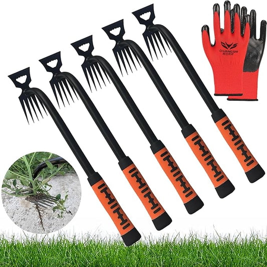 5 Pack Stainless Weeding Artifact Uprooting Weeding Tool, Stainless Steel Forged Weed Puller 5 Teeth Dual Purpose Weeder, Hand Weeder Tool for Gardening with Long Handle