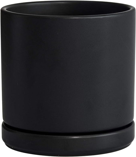 D'vine Dev 6 Inch Ceramic Planter Pot with Drainage Hole and Saucer, Indoor Cylinder Round Flower Pot, Black, 94-O-C-2