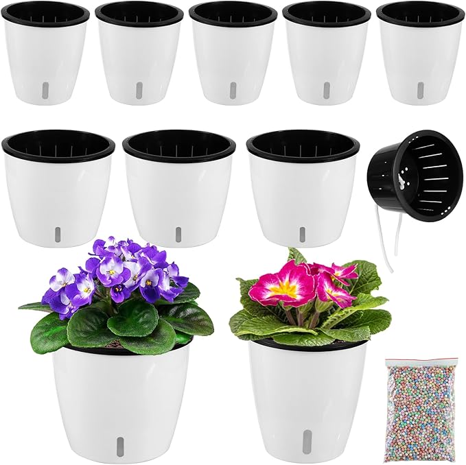 Planterhoma 5/6.7 Inch Self Watering Pots for Indoor Plants, 8 Packs White African Violet Pots with Water Indicator and Black Wick Pots, Self Watering Planters for Devil's Ivy, Indoor Plant Pots