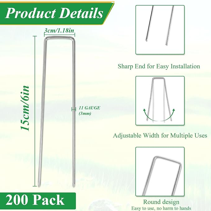 200 Pack Landscape Staples,6 Inch Garden Stakes,11 Gauge Galvanized Steel Garden Staples,Heavy Duty Yard Stakes,Fence Stakes for Securing Irrigation Tubing,Weed Barrier Fabric,Ground Cover