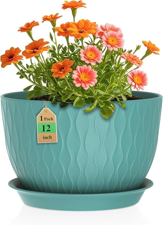 12 Inch Large Plant Pots for Indoor or Outdoor Plants, Wide Water Ripples Flower Pots with Drainage Holes & Saucer, Plastic Planters Set for Garden & Home Decor (Blue Green)