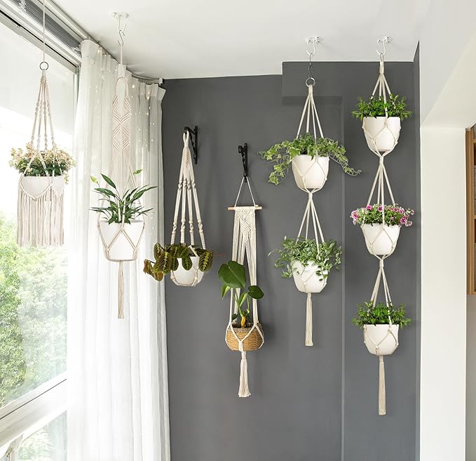 Mkono Macrame Plant Hangers, 6 Pack Indoor Hanging Planters for Plants with 6 Hooks Decorative Hanging Basket Flower Pots Holder Stand in Different Sizes for Boho Home Decor, Ivory