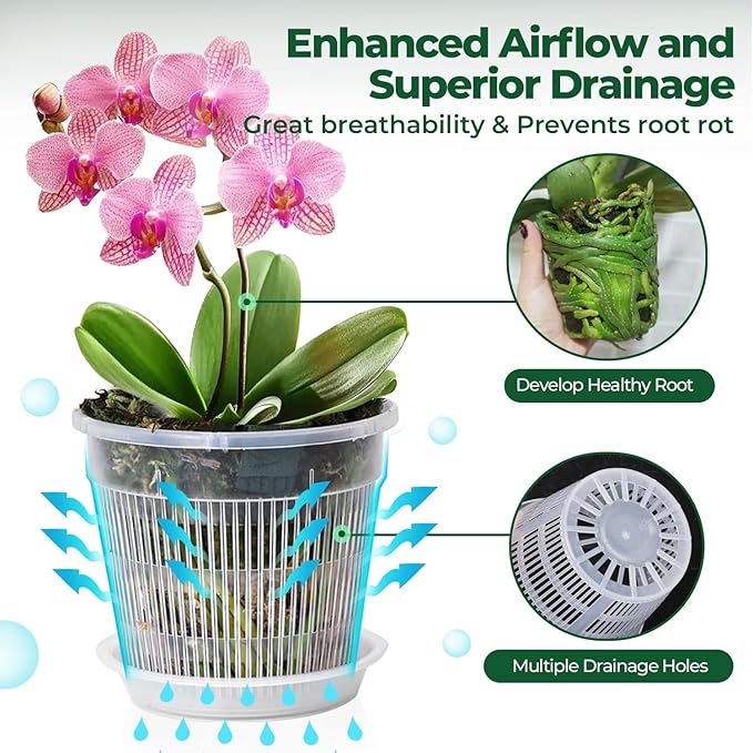 T4U Orchid Pot, 6 Pack 5.5 Inch Clear Orchid Pots with Holes and Saucers for Repotting, Plastic Flower Plant Pot with Drainage for Indoor Outdoor Plants, Slotted Orchids Planter for Root Health