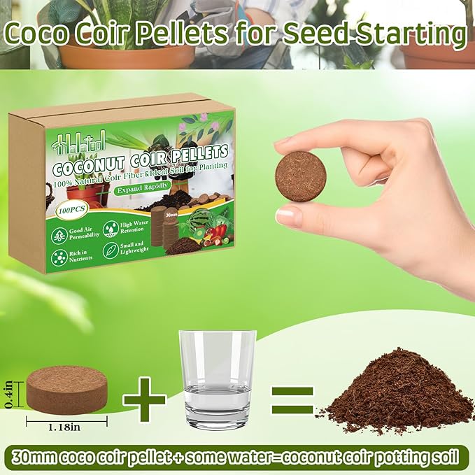 Halatool 30mm 100pcs Organic Coconut Coir Pellets Soil for Planting, Compressed Coco Coir Soil Potting Soil Seed Starters for Growing Vegetables, Fruits, Flowers