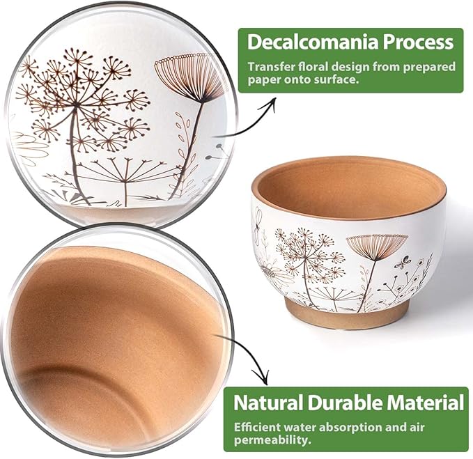 YBX 8 Inch + 6 Inch White&Terracotta Flower Pots, Succulent Ceramic Plant Pots with Drainage Holes, Terracotta Planters for Indoor Plants (Garden)