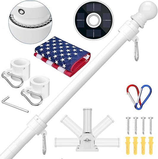 ZMTECH 5FT Flag Pole Kit with Solar Light and Proud American Flag, Adjustable Bracket and Upgraded Tangle-Free Ring 1" Stainless Steel Flagpole for Day and Night, Residential, Commercial, White