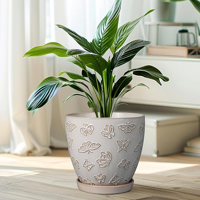 Ceramic Planter 8 Inch - White Plant Pot with Drainage Hole and Saucer Modern Flower Pot for Indoor Outdoor Plants