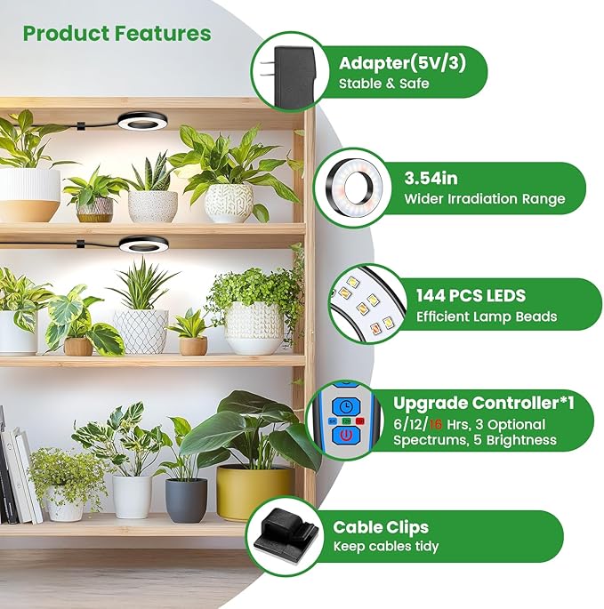 Wiaxulay Grow Lights for Indoor Plants, 144 LEDs Full Spectrum LED Plant Grow Light, 5V/3A Under Cabinet Grow Lamp with Auto Timer 6/12/16 Hrs, 3 Lighting Mode, 5 Brightness Levels, Tri Head (3.5in)