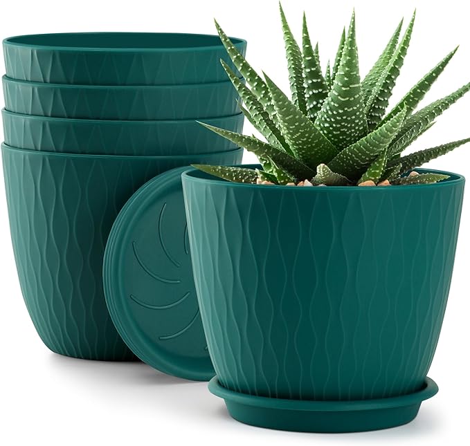 Plant Pots – 6 Inch Planters with Drainage Holes and Saucers, Flower Pots for Indoor and Outdoor Plants, Nursery Planting Pots (Pack of 5, Blue)