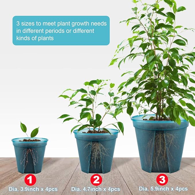 GREENPARA Blue Transparent Plastic Planter 4/5 /6 inch Plant Nursery Pots with Drainage Hole Indoor Modern Decorative Containers with 10pcs Plant Labels, 12pcs