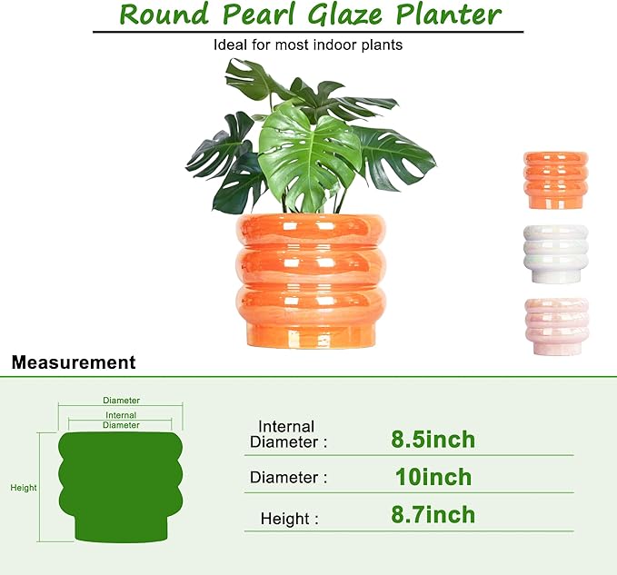 10 inch Ceramic Plant Pots for Indoor Plants, Rainbow Pearl Glaze Planter with Planters for Plants with Drainage Hole, Orchid Pots, Succulent Pot,Large Flower Pot (Orange)