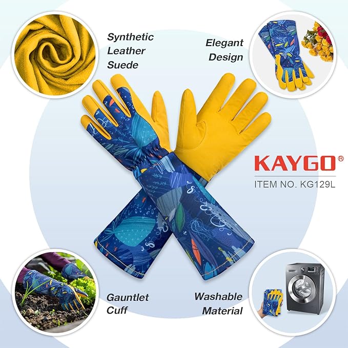 KAYGO Gardening Gloves for Women Long Sleeve, Light Protective Gloves for Yard and Outdoor Work, Best Garden Gifts for Gardener,Yellow,Large