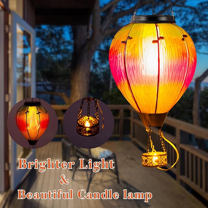 Large Solar Hot Air Balloon Lantern with Flame, Colorful Glass Hanging Balloon Lanterns Outdoor Waterproof Garden Decor for Yard Patio, Birthday Mother's Day Gifts for Women Mom