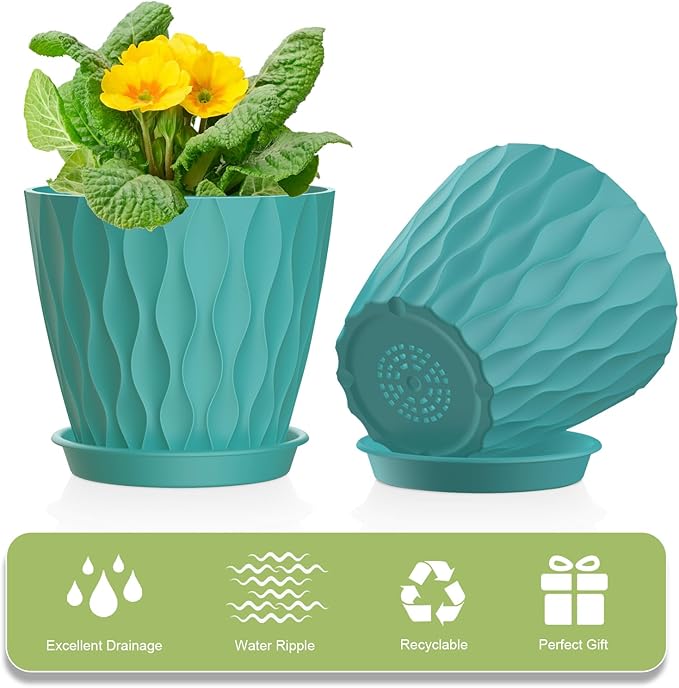 6 Pack 4 Inch Small Plant Pots with Saucers, 3D Textured Plastic Planters with Drainage Holes for Indoor and Outdoor Plants, Flowers, Herbs, Succulents, and Seedlings, Blue